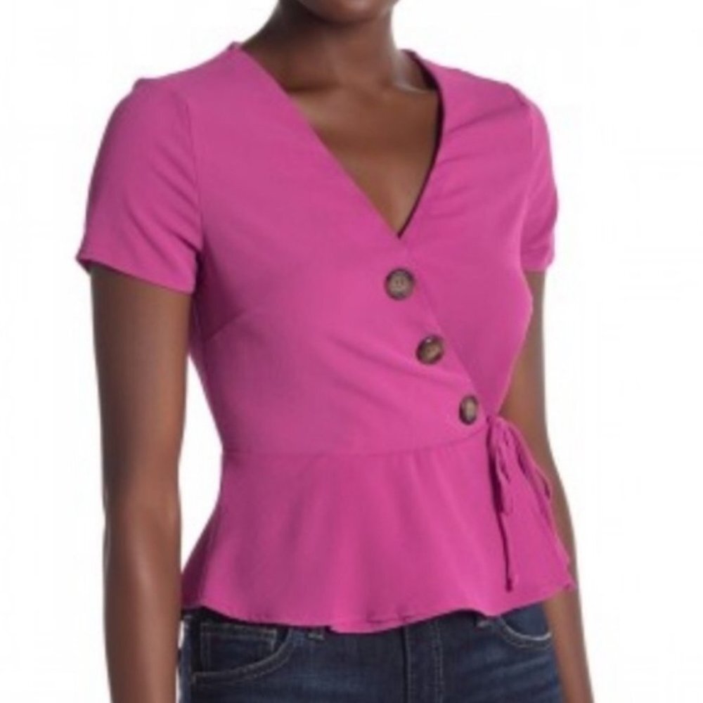 NWT Hiatus Asymmetric Button Surplice V-Neck Wrap Top Magenta Sz S